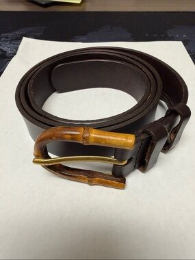 Vintage Black Gucci Dark Brown Leather Bamboo Belt Strap with Embossed Logo